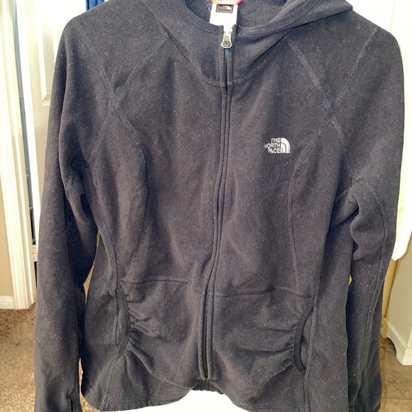 North Face Black Fleece Zip Up Hooded Jacket w/ Thumbholes size Large - Picture 3 of 4